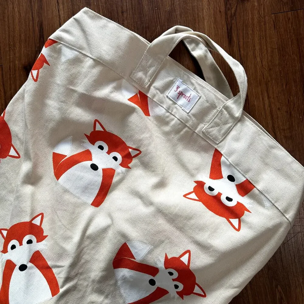 3 Sprouts Convertible Toy Storage Bag and Portable Play Mat, Orange Fox Pattern